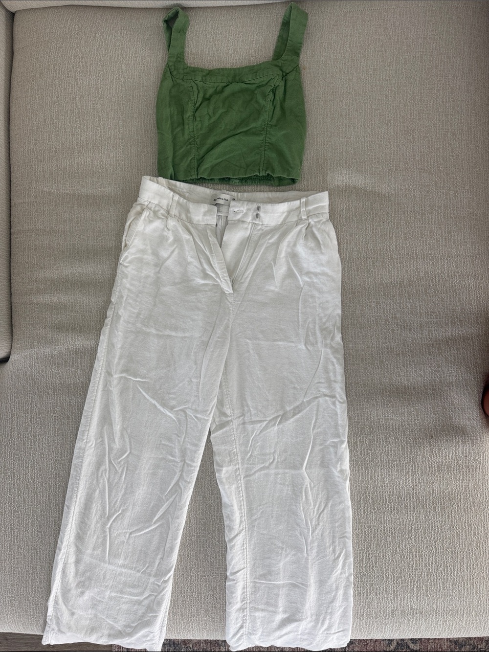 Abercrombie & Fitch Olive Green Crop Tank with White Linen Pants